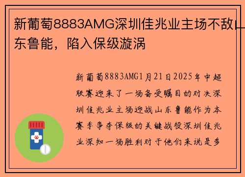 新葡萄8883AMG深圳佳兆业主场不敌山东鲁能，陷入保级漩涡
