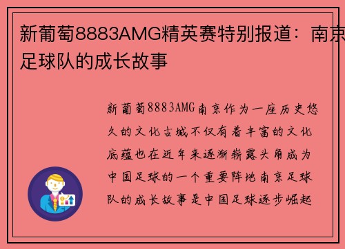 新葡萄8883AMG精英赛特别报道：南京足球队的成长故事