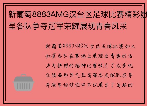 新葡萄8883AMG汉台区足球比赛精彩纷呈各队争夺冠军荣耀展现青春风采
