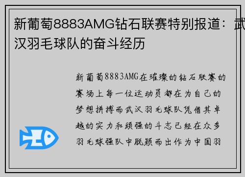 新葡萄8883AMG钻石联赛特别报道：武汉羽毛球队的奋斗经历